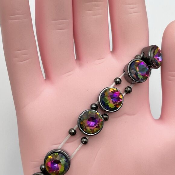 Gun Metal AB Glass Round Cut Rhinestone Stretch Bracelet Statement Boho - Picture 4 of 5